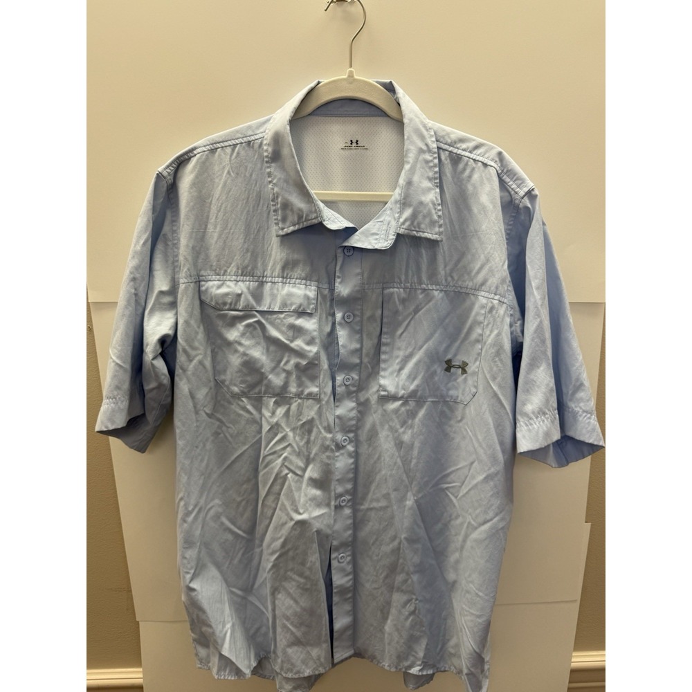 Under Armour Mens XL Blue Short Sleeve Ventilated Fishing Hiking Button Up Shirt